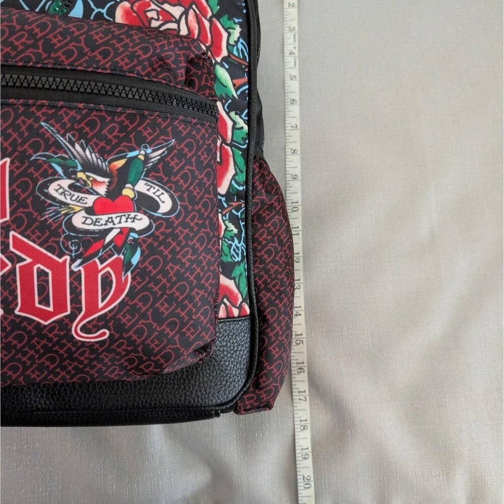 Ed Hardy True Til Death Tattoo Print Rhinestone Faux Leather Backpack NEW!